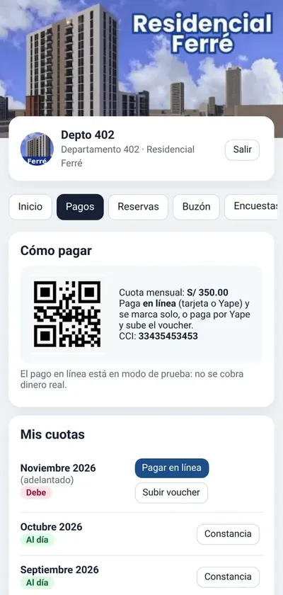 Demo de FERRE: pantalla de pagos del residente
